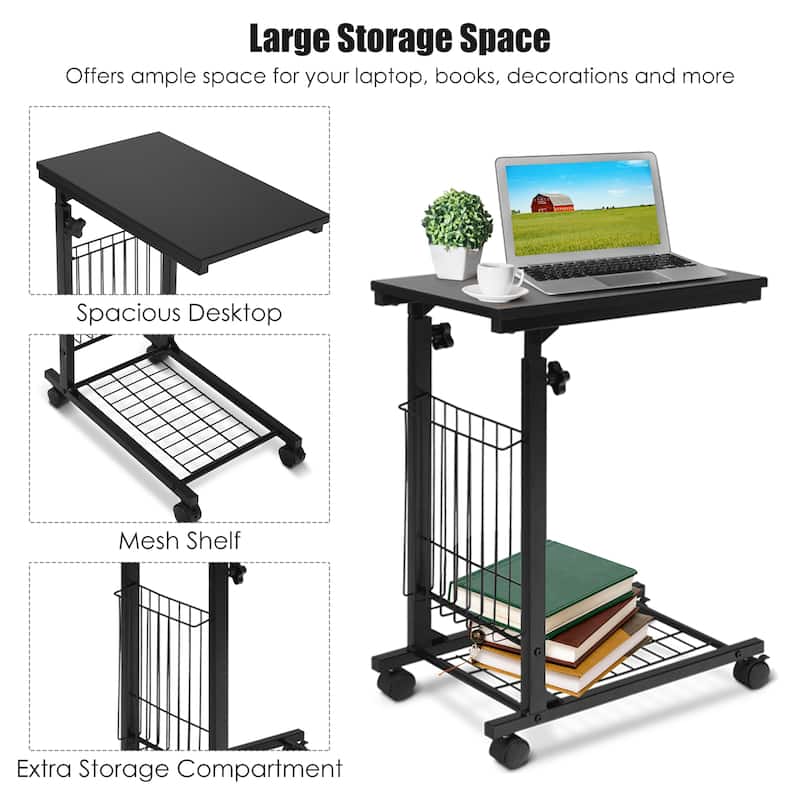 Rolling Height Adjustable C Table Mobile Couch Desk Sofa Side Table