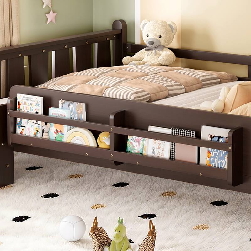 Full/Twin Floor Bed with Storage Bookcases & Cute Stairs - Solid Wood Kids Bed, No Box Spring
