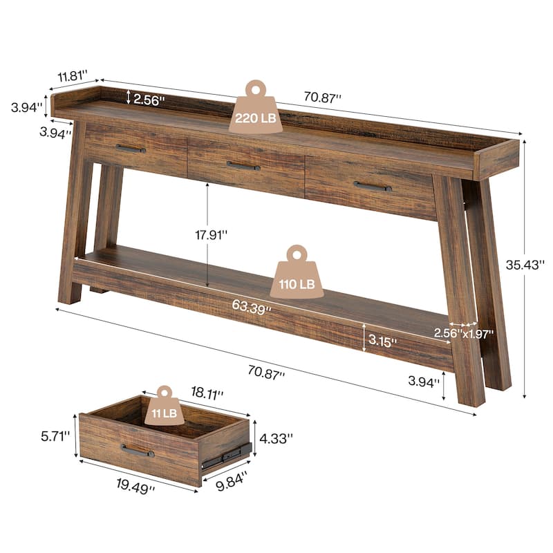 70.9-Inch Sofa Console Table with 3 Drawers, 2-Tier Entryway Table