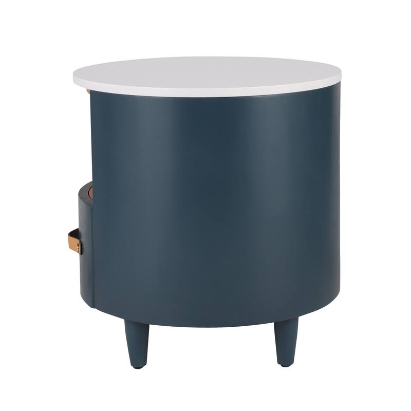 Modern Round Nightstand with Storage Drawer, Sofa End Table with Open Storage Shelf, Bedside Table with Curved Design