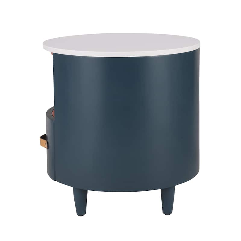 Round Nightstand with Drawer & Open Shelf, Nightstand with Leather Handle & Tapered Legs, Large Capacity Sofa Side Table