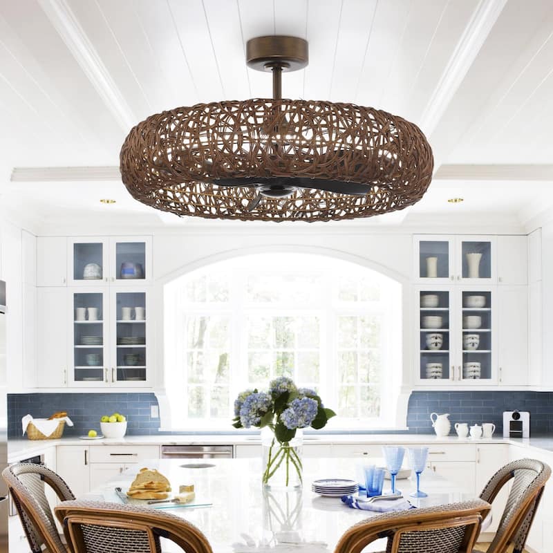 Ceiling Fan 35" Perimost 3-Blade Farmhouse Rattan LED