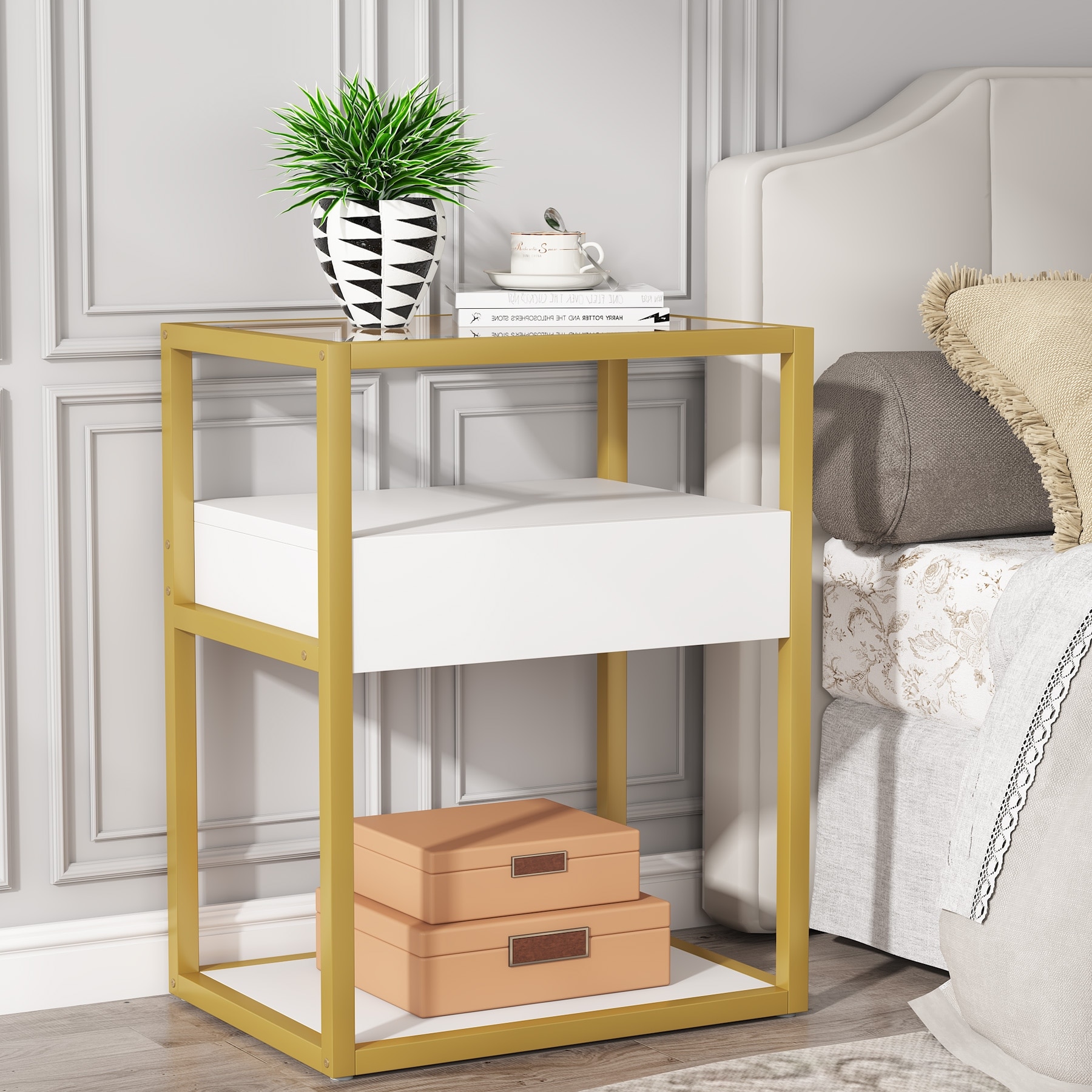 White deals glass nightstand