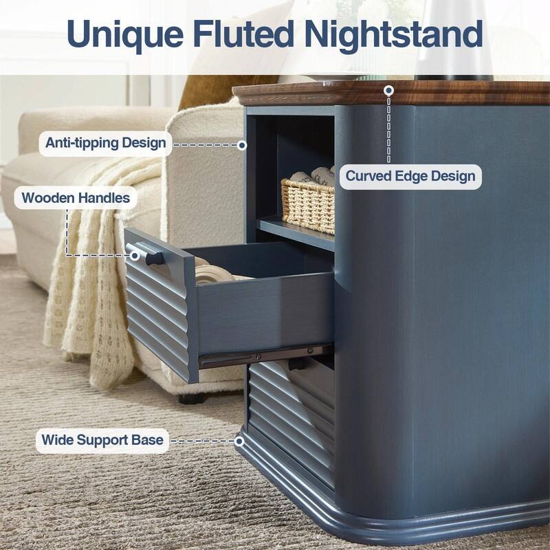 22" Fluted Nightstand with Charging Station - Modern End Table with 2 Drawers and Open Storage