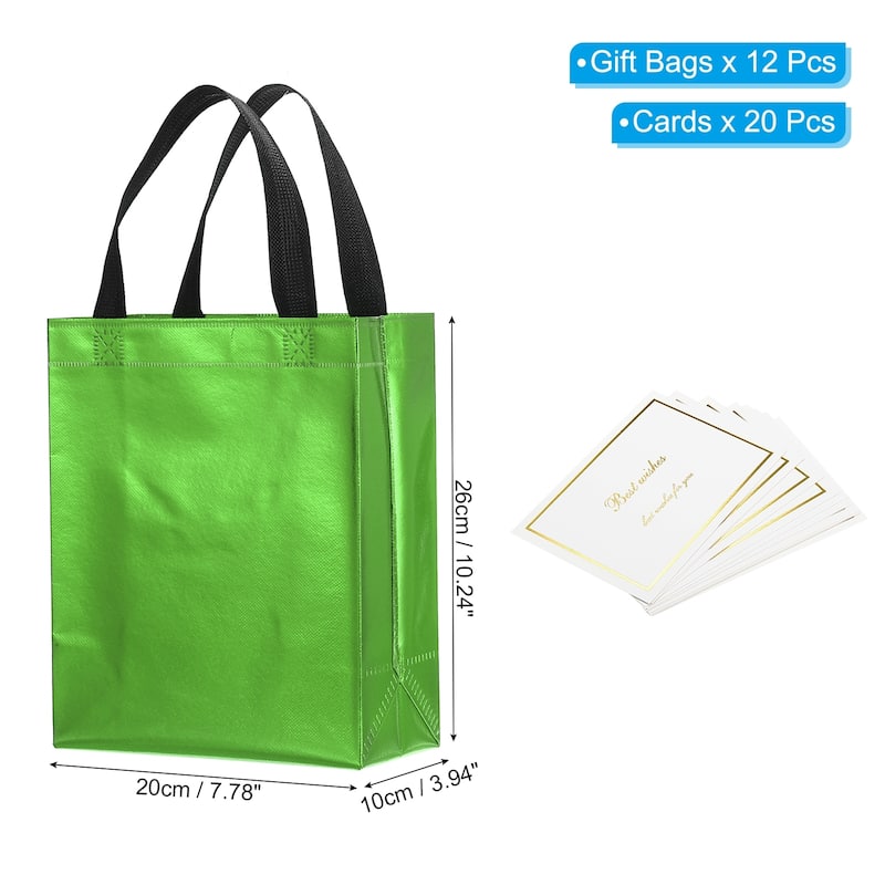 Gift Bags with Cards, 12 Set 8" Reusable Non-Woven Gift Goodie Bags - 10"x8"x4" - Light Green