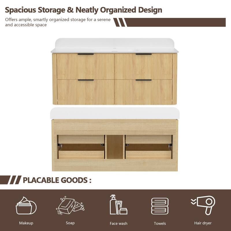 48" Floating Bathroom Vanity with Integrated countertop Rectangulare Sink Solid Wood - 48 inch