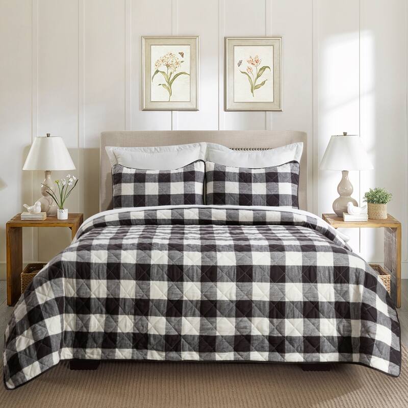 HULALA HOME 3 Piece Quilt Set with Plaid Patterns - BLACK - Full - Queen
