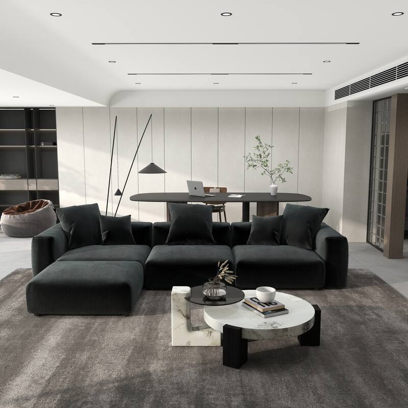 142" L-shape Oversized Corduroy Sectional Sofa Classic Deep Couch with Ottoman