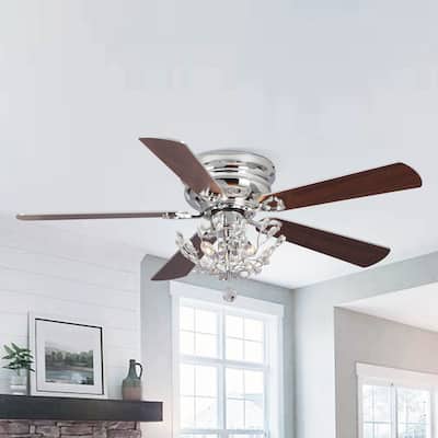 48" Modern Wood 5-Blade Flush Mount Crystal Ceiling Fan with Remote