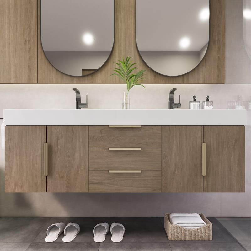 Noble 60" Wall Mounting Vanity with Reinforced Acrylic Double Sink - 60" Width - Wood Finish - White Oak