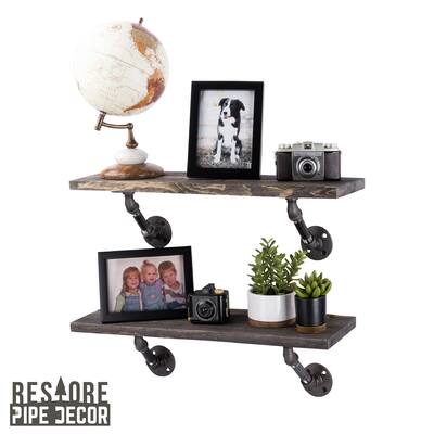 Restore Wood 24 in. Wall Shelf, Angled Steel Pipe Brackets, Set of 2