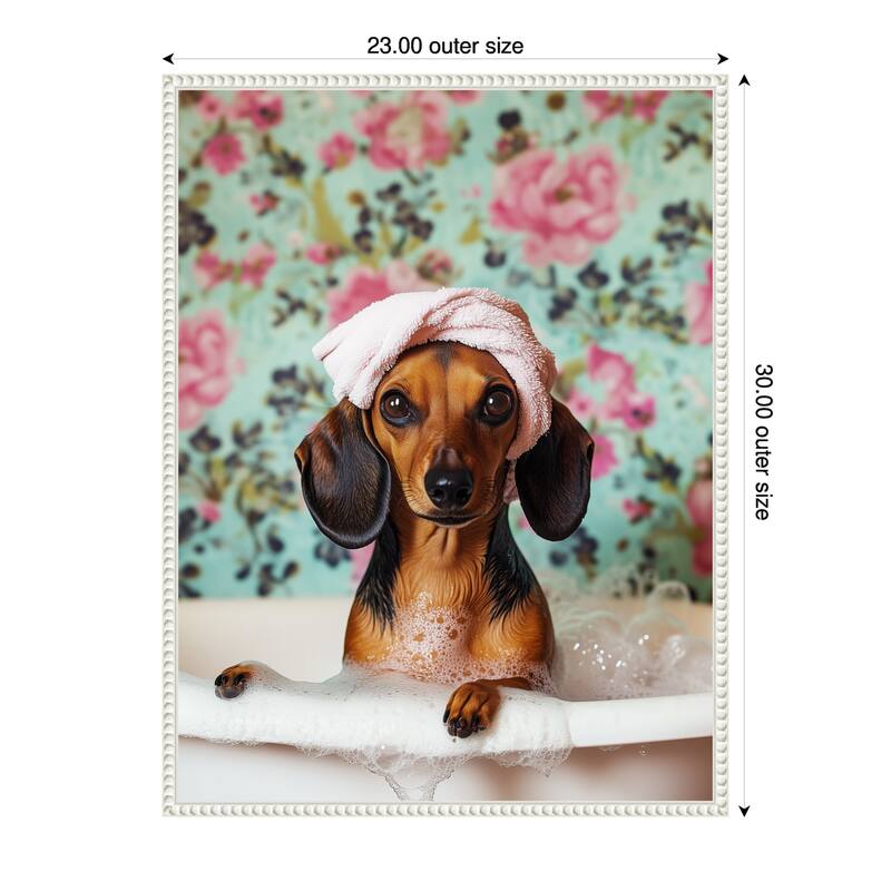 Bath Time Dachshund by Mowzu Framed Canvas Wall Art - 23 x 30 in
