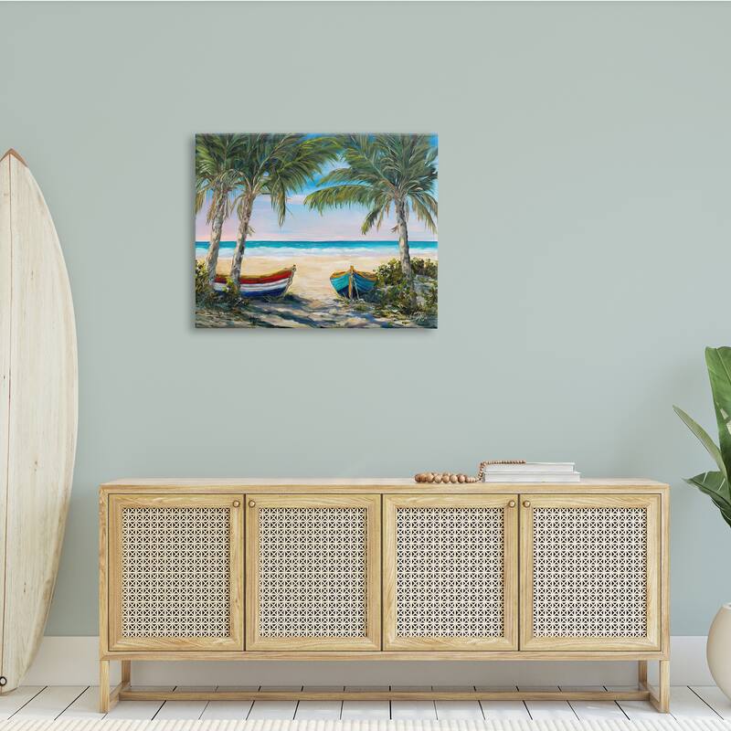 Stupell Row Boats on Beach Shore Tropical Palm Trees Canvas Wall Art - Green