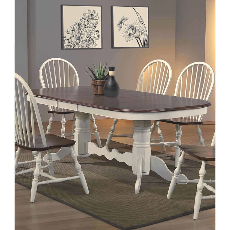 Oval Extendable Dining Table - 96" Double Pedestal Antique White & Brown - Seats 10 - 82
