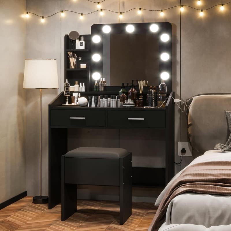 Makeup Vanity Desk with Mirror and Stool, Charging Station, 2 Drawers, 3 Shelves