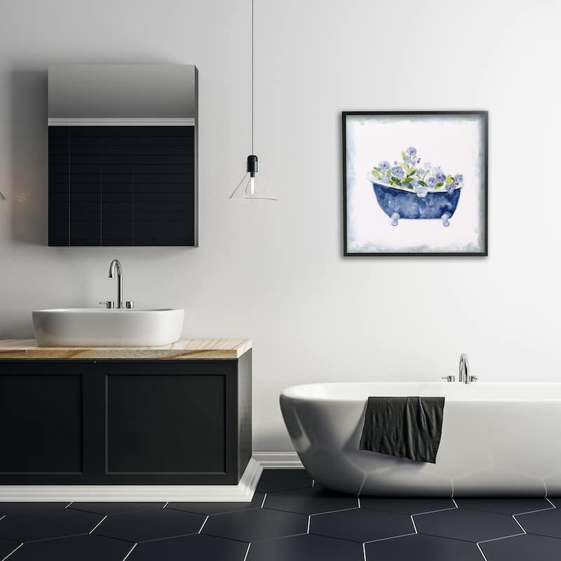 Stupell Charming Blue Bathtub Botanical Floral Design Watercolor Border Framed Wall Art - White