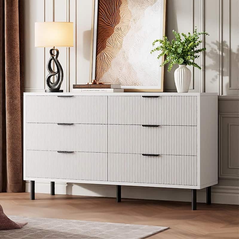 Fluted 6 Drawer Double Dresser for Bedroom Living Room Hallway - White