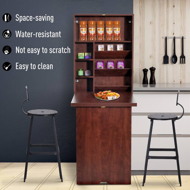 HomCom Compact Fold Out Wall Mounted Convertible Workstation Desk With Storage - Mahogany