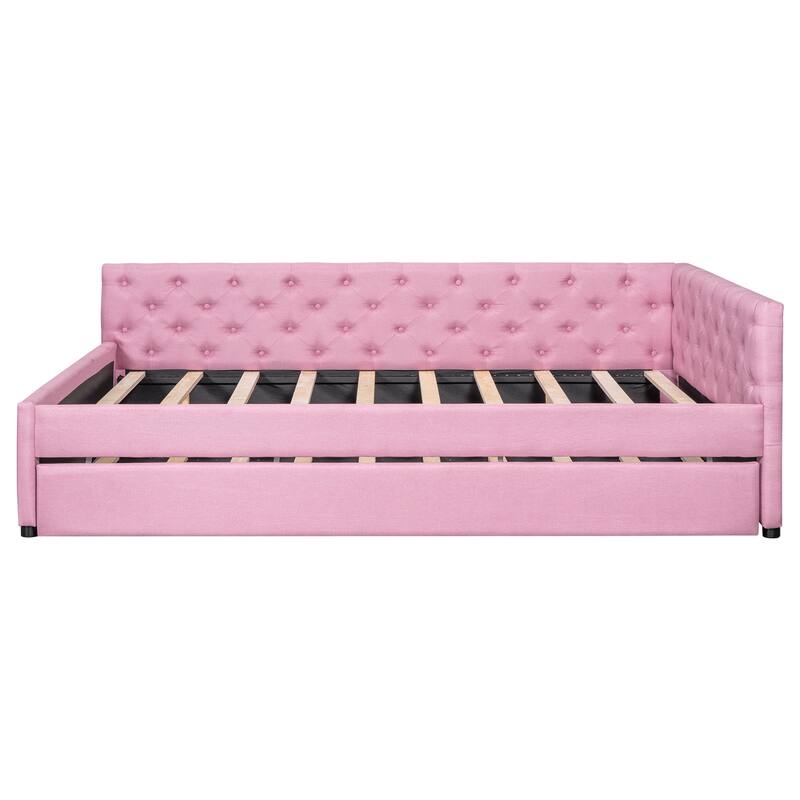 Full XL Size Upholstered Platform Bed Frame with Trundle, Elegant Tufted Button Design and Extra Sleeping Space for Bedroom
