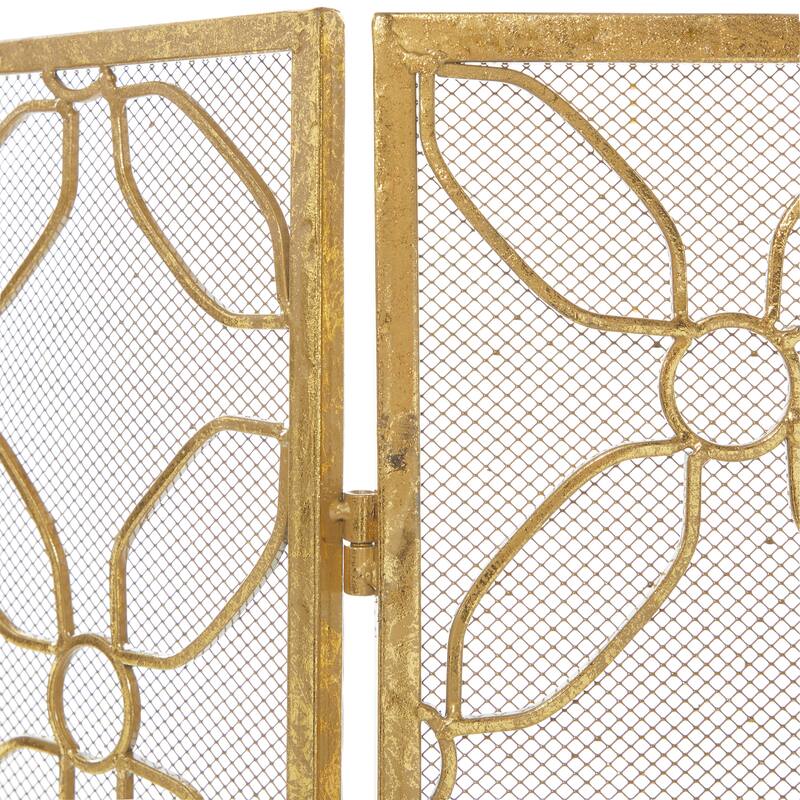 Gold Metal Foldable Mesh Netting 3 Panel Geometric Fireplace Screen