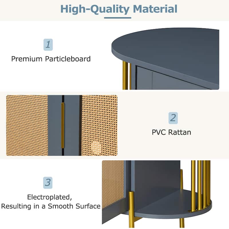 2-Door Storage Cabinet with Woven Rattan Doors, Buffet Sideboard with Gold Trim, Console Table with Curved Open Shelves