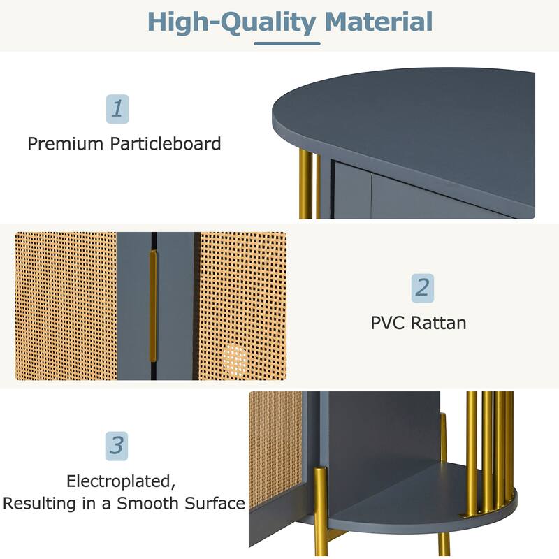 Dining Room Cabinet with Rounded Corners, Rattan Doors & Gold Handles for Elegant Storage