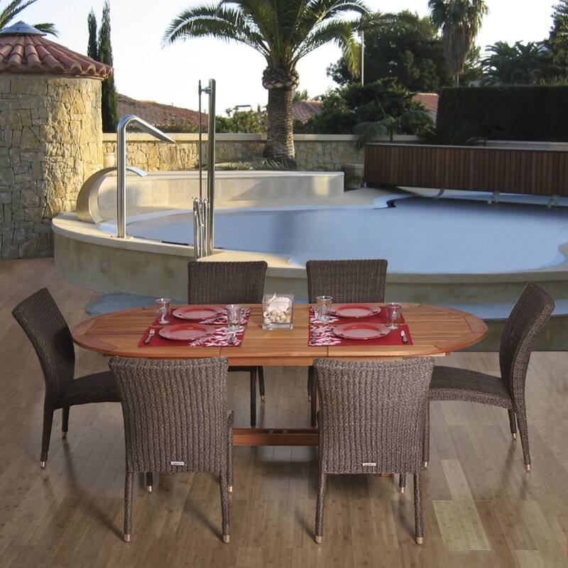 7-Piece Brown Lemans Eucalyptus Wicker Extendable Oval Patio Dining Set 63"