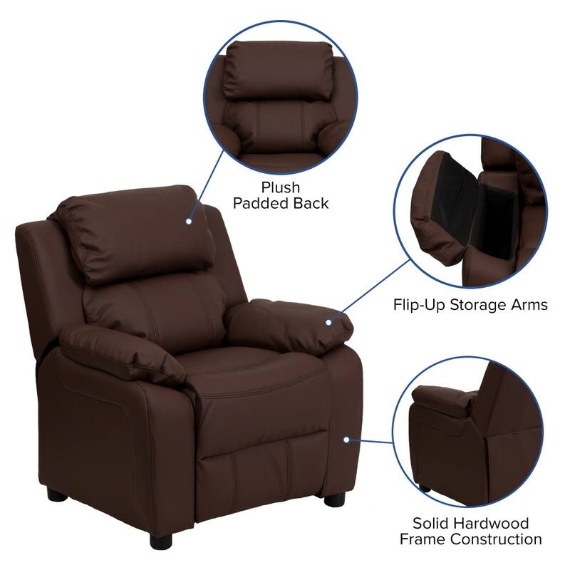 Deluxe Padded Contemporary Kids Recliner with Storage Arms