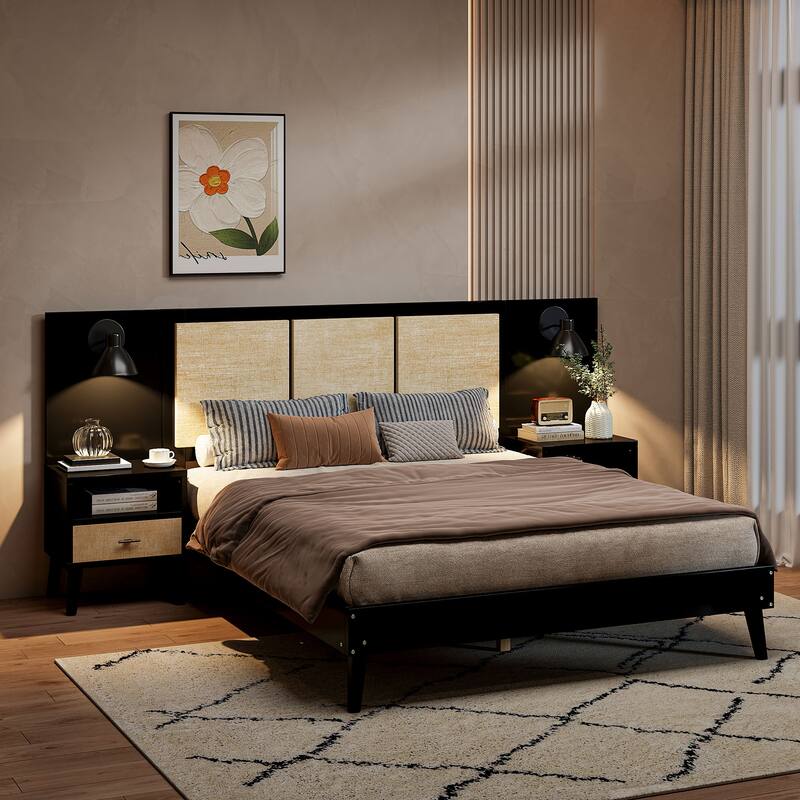 Queen Size Solid Wood Bed Frame with 2 Nightstands, Elegant Design with Lamps, Rattan and Wood Combination