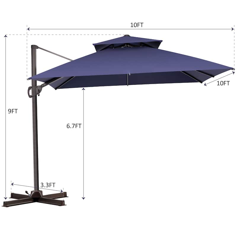 10 ft Square Patio Cantilever-Offset Umbrella 360 Degree Rotation with Offset Base