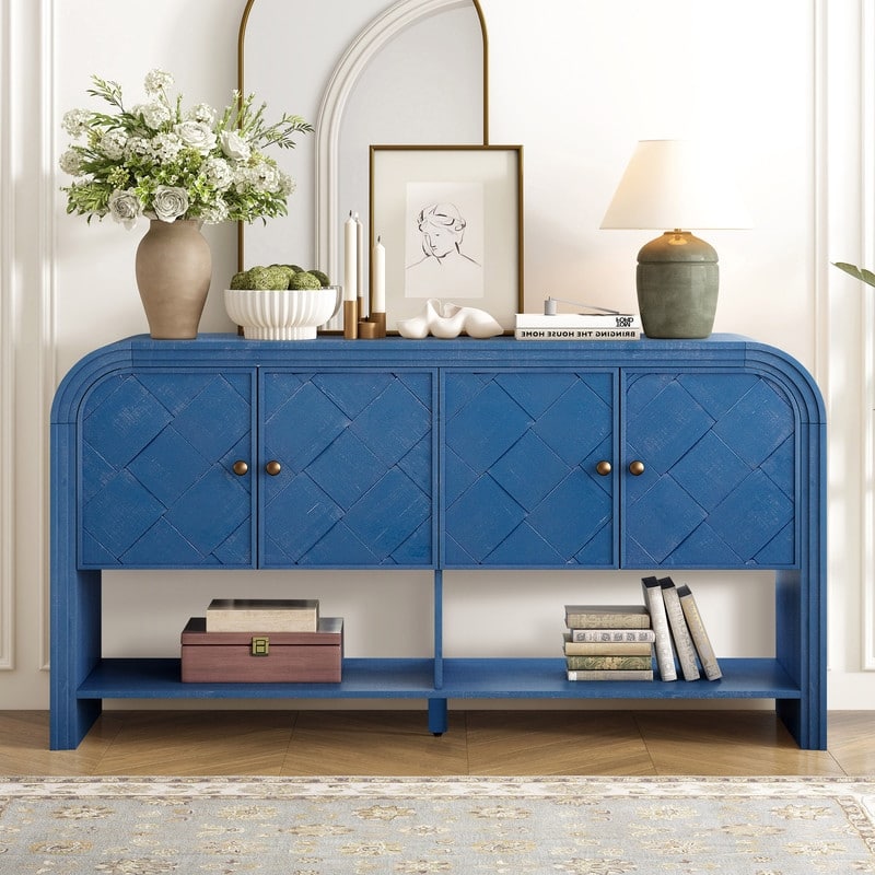 Versatile 60" Console Table with Woven Wood Slats and Solid Wood Veneer for Entryway or Living Room - Navy Blue