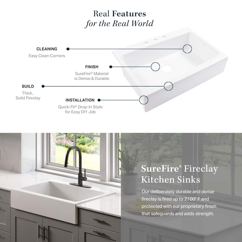 Parker Crisp White Fireclay 34" Single Bowl Quick-Fit Farmhouse Apron Front Drop-in Kitchen Sink with 1 Hole and Drain