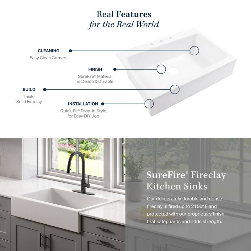 Parker Matte Black Fireclay 34″ Single Bowl Quick-Fit Farmhouse Apron Front Drop-in Kitchen Sink and Drain