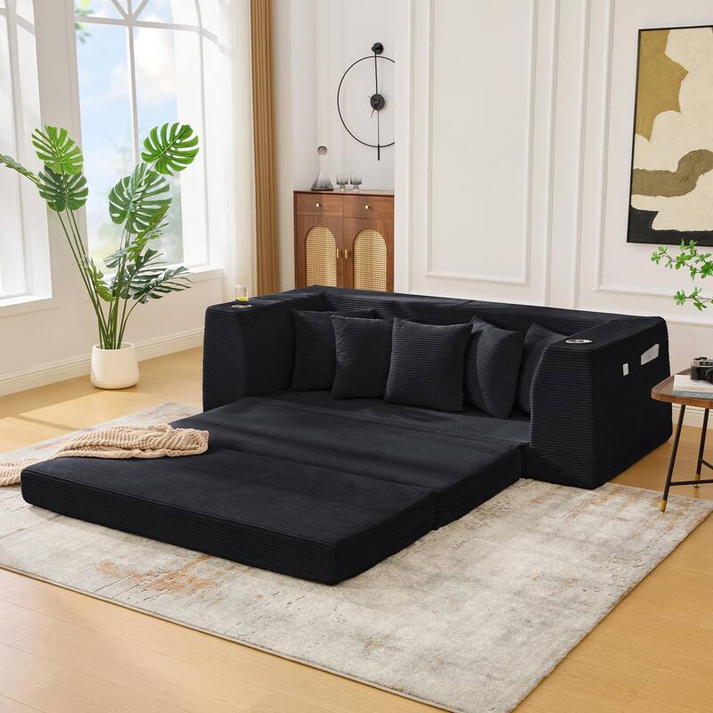 Modern Convertible Loveseat Sofa Bed, Corduroy Fabric Foldable Floor Couch w/5 Pillows, Side Pockets & Cup Holders, No Assembly
