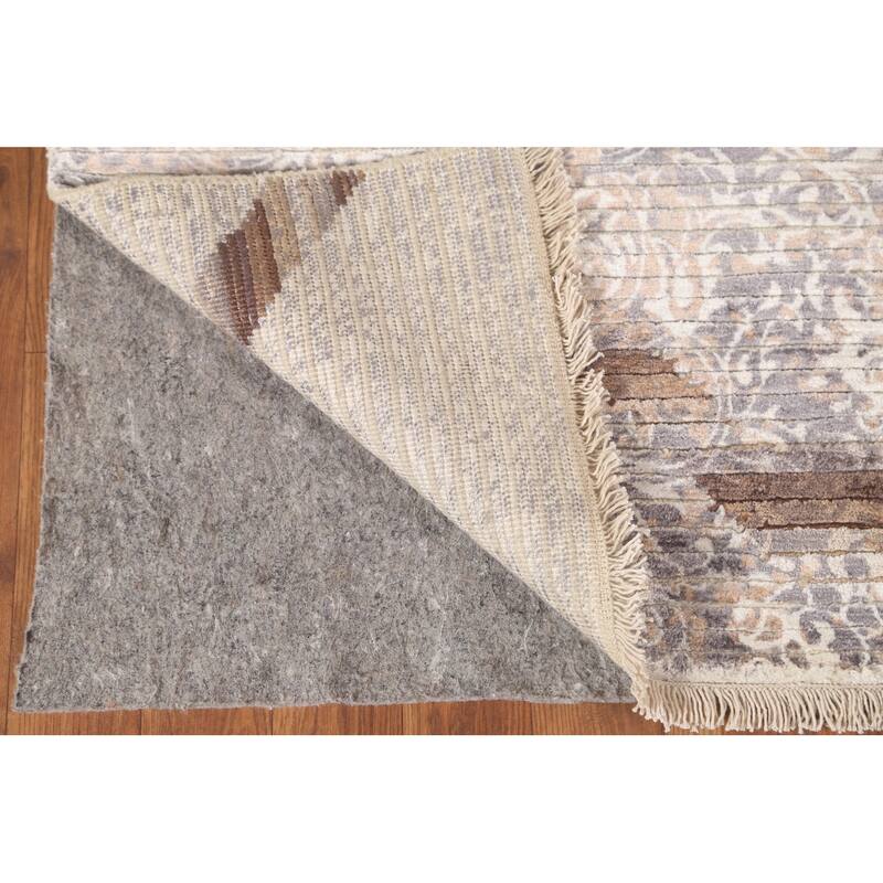 Beige Striped / Abstract Indian Area Rug Handmade Wool Carpet - 3'10"x 6'0"