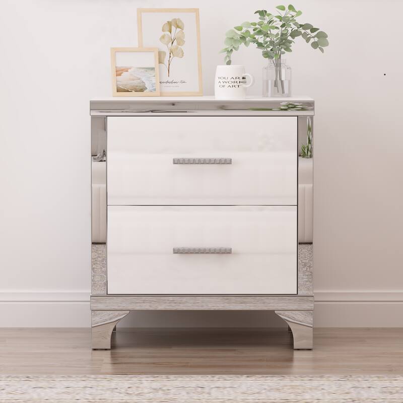 High Gloss Mirrored Nightstand with 2 Drawers, Sturdy MDF Construction, Easy Assembly, White