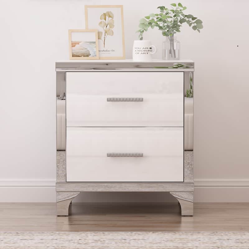 Mirrored Nightstand with 2 Drawers, Bedside Table with Metal Handle, Sofa Side Table with Mirrored Edge and Legs