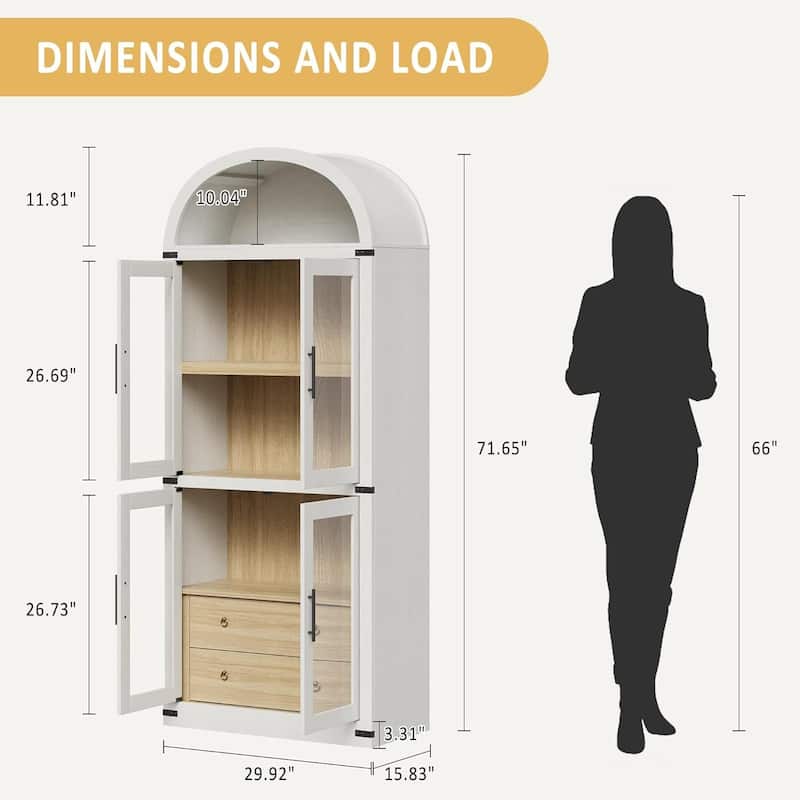 71.4 in Tall Arched Bookshelf with Doors and Drawers - N/A