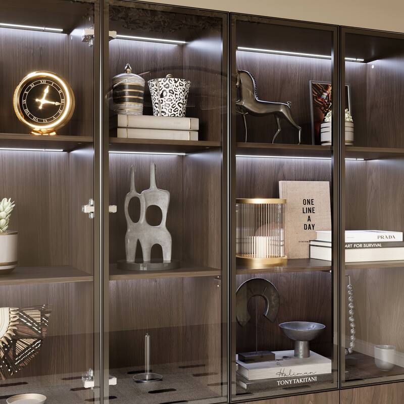 Bookshelves Bookcase Modular Glass Display Cabinet with LED Lights, Dark Wood Storage Combination Cabinet System