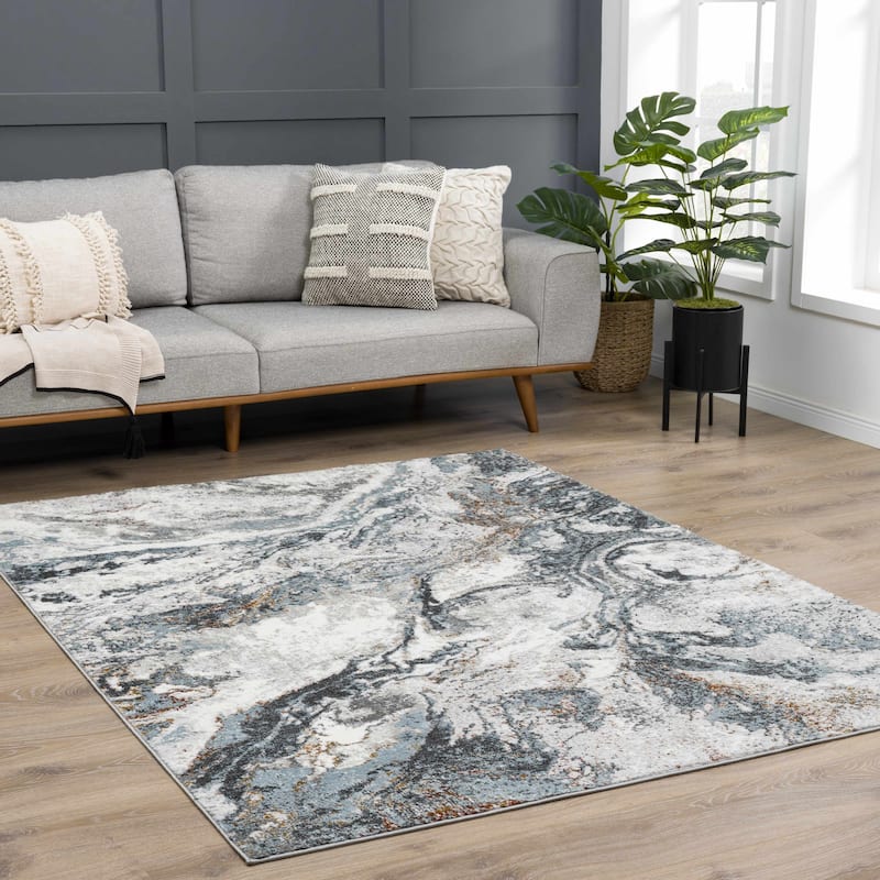Hauteloom Liverpool Living Room, Bedroom Area Rug - Contemporary - Charcoal,Light Blue,Light Gray - 9'2" x 12'