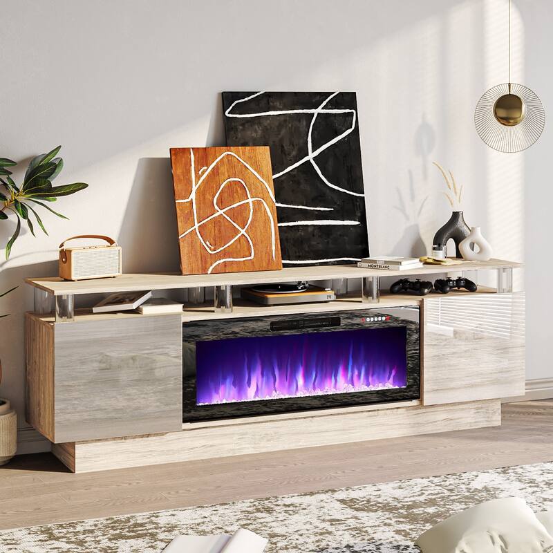 BOSSIN 70 Fireplace TV Stand with 36 Electric Fireplace， LED Light Entertainment Center Modern 2-Tier TV Console Stand