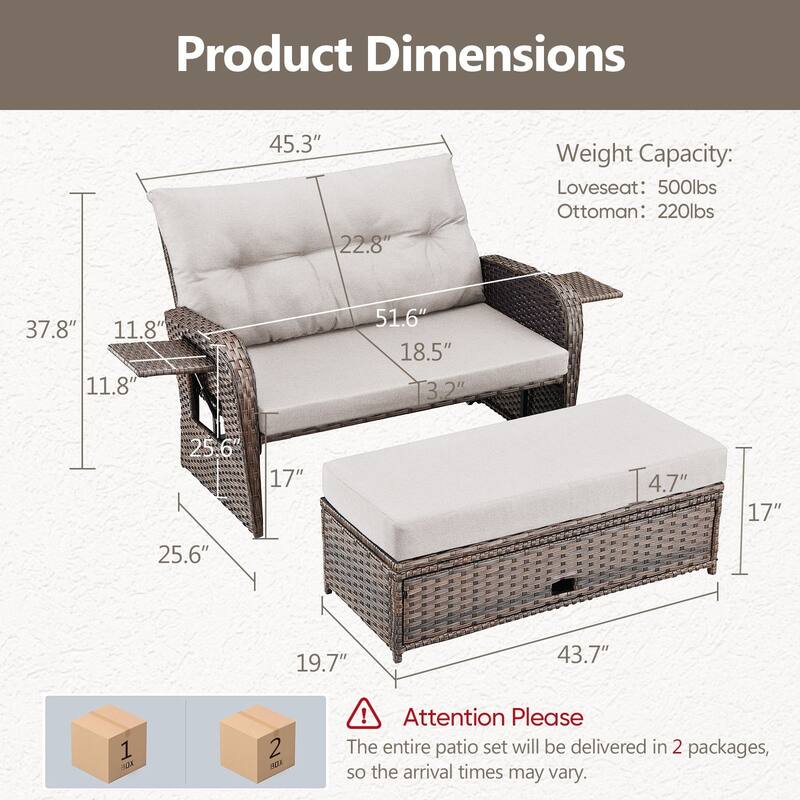 Gymojoy Adjustable Outdoor Wicker Daybed Patio Sofa Bed, 5-Position with Storage Ottoman