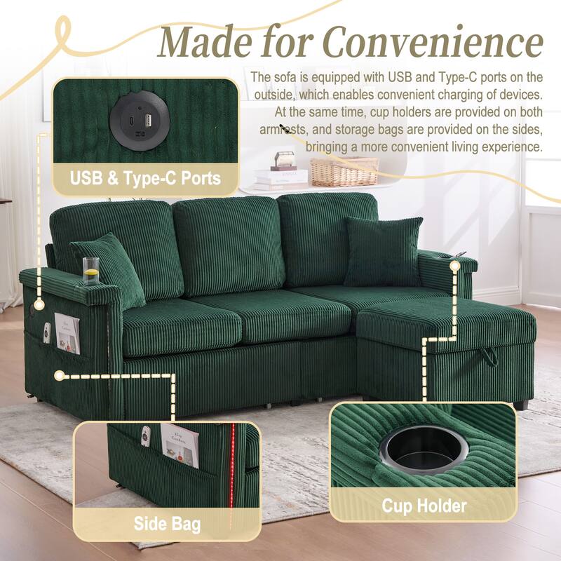 HOMEFUN Corduroy Upholstered L-shaped Pull-Out Storage Sectional Sofa with Storage Ottoman,USB Charging,Cup Holder