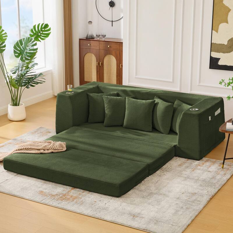2 in 1 Convertible Sofa Bed, Sleeper Sofa with Storage Pockets, Pull Out Loveseat Couch with Two Cup Holders