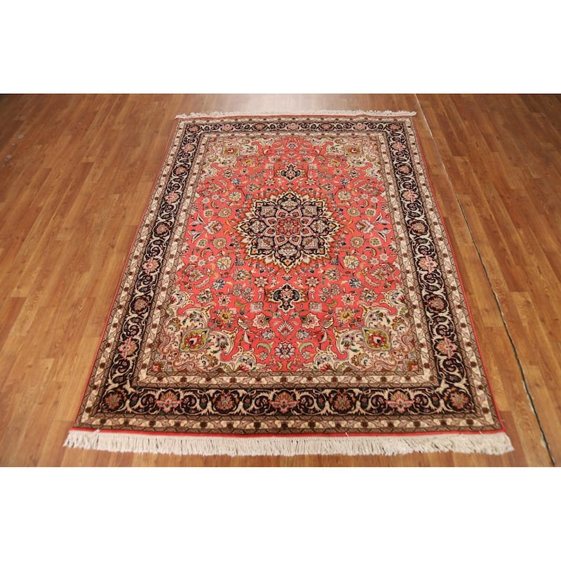 Hand-Knotted Red Floral Wool & Silk Tabriz Persian Rug - 5'1"x 6'9"