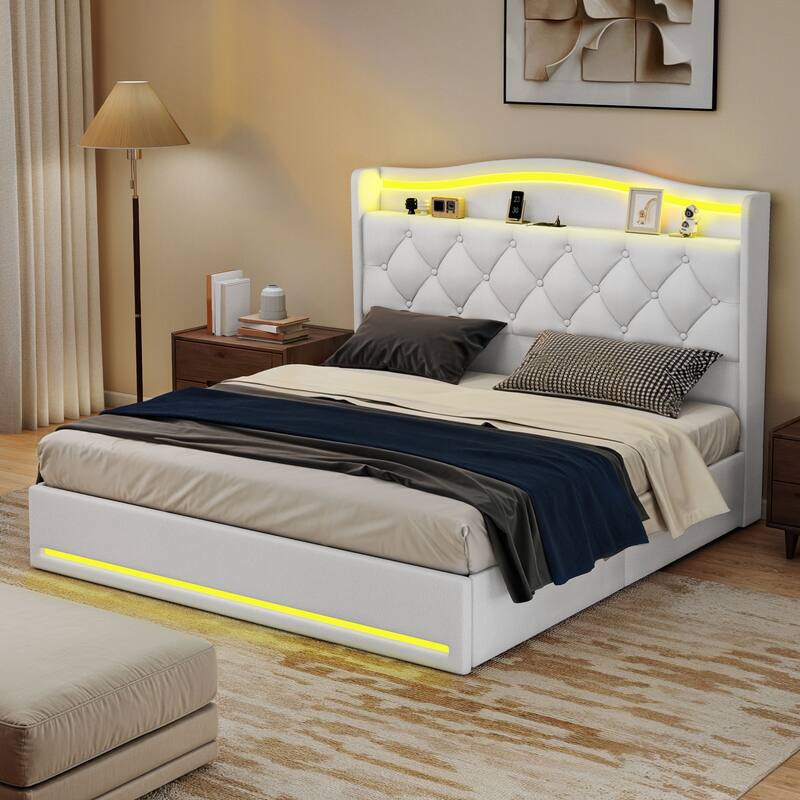 Moasis Queen Size Velvet Upholstered Bed Frame with 4 Storage Drawers & RGB Lights