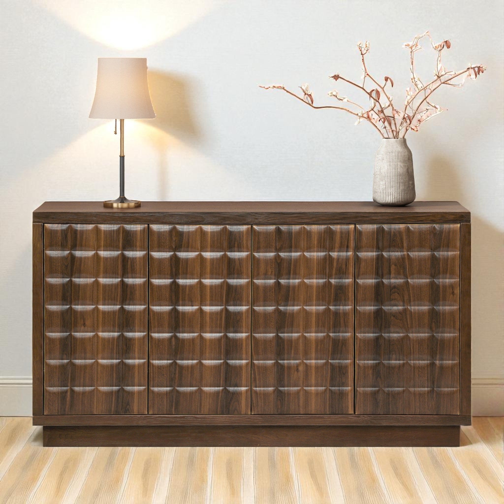 Modern 4-Door Storage Cabinet with 3D Geometric Doors, Wood Veneer & Metal Trim, Adjustable Shelves.