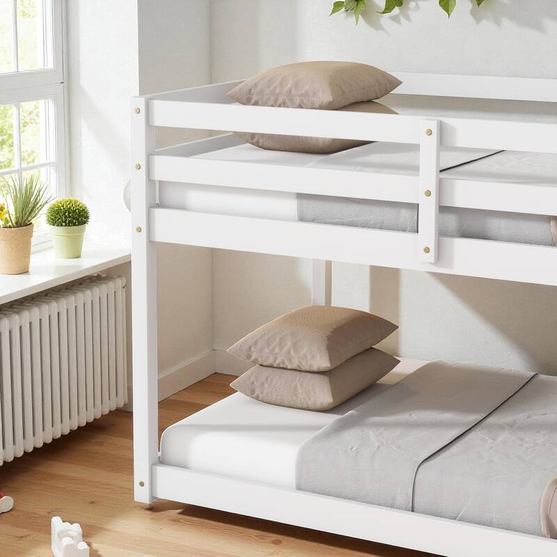 Solid Rubber Wood Twin Over Twin Floor Bunk Bed with Ladder, Low Height Design and Strengthened Slat Support