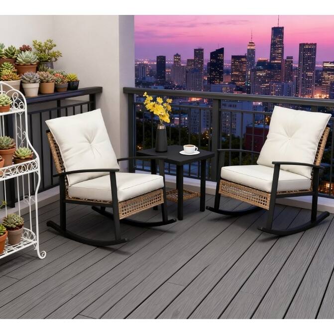 GDFStudio - Oliver Classic Patio Wicker Rocking Chair Set with Coffee Table - Wicker Furniture Set