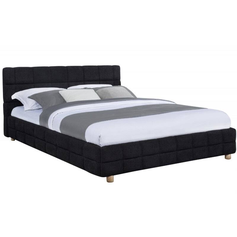 Queen Size Platform Bed with Fleece Upholstery and Grid-Patterned Headboard, Low Profile Modern Bed Frame in Black